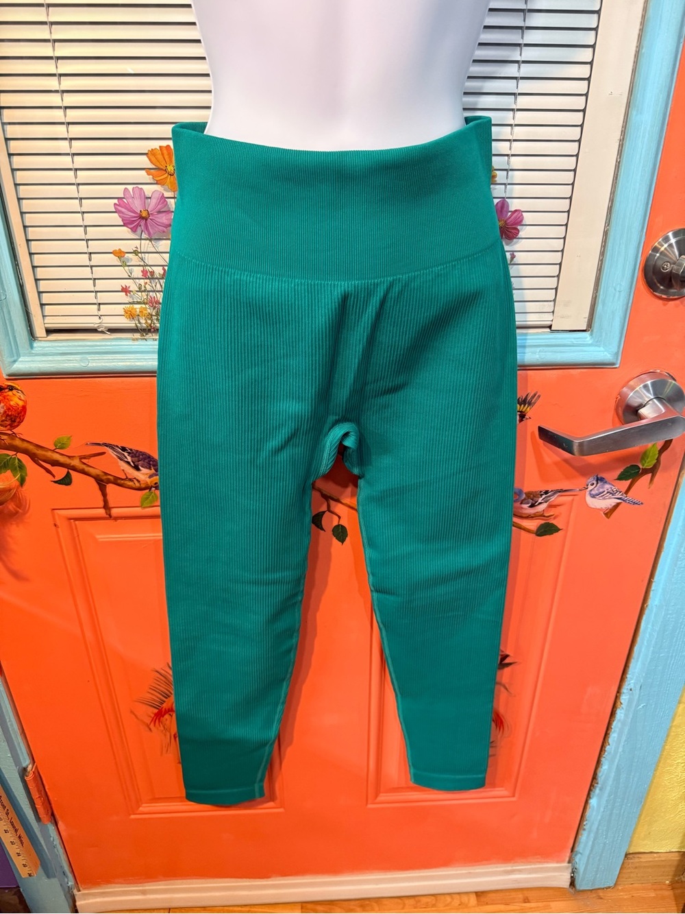 OQQ  High-Waist Ribbed Leggings - Teal. 24” inseam Sz Large